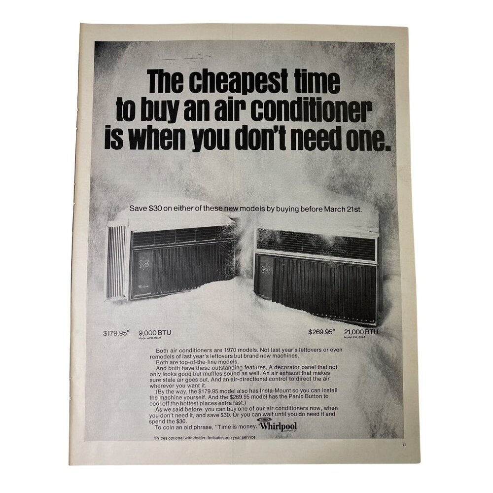 1970 Whirlpool Air Conditioner Full Page Vintage Print Unit in Snow u